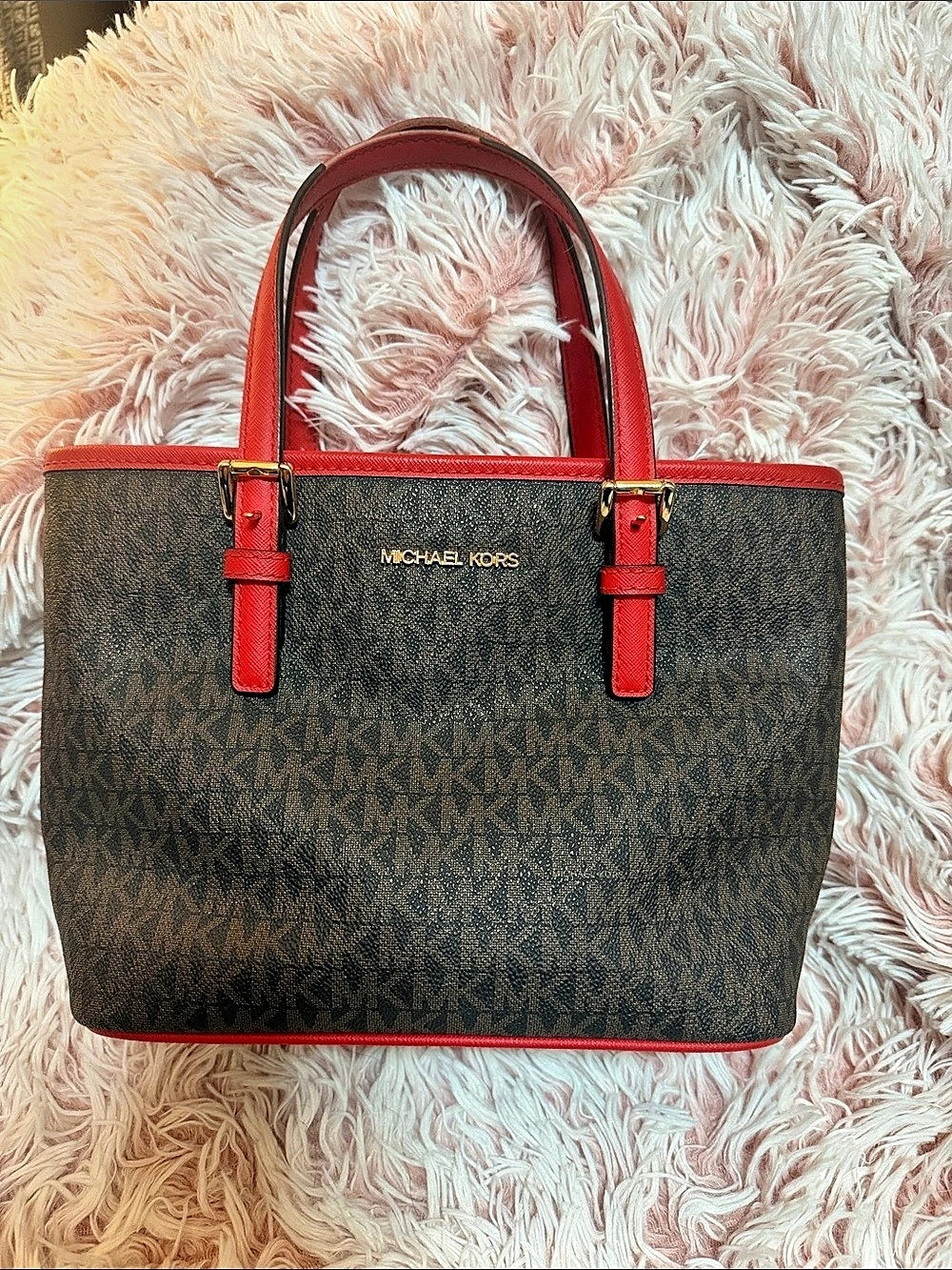 Michael Kors Jet Set Brown and Red small Monogram Tote Bag